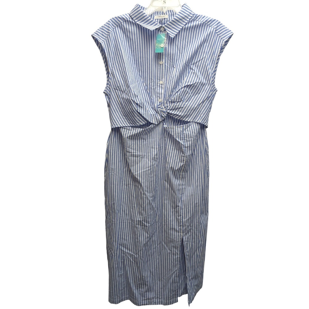 Maurices Shirt Dress Women XL Blue White Striped Twist Front Cutout Midi Cotton